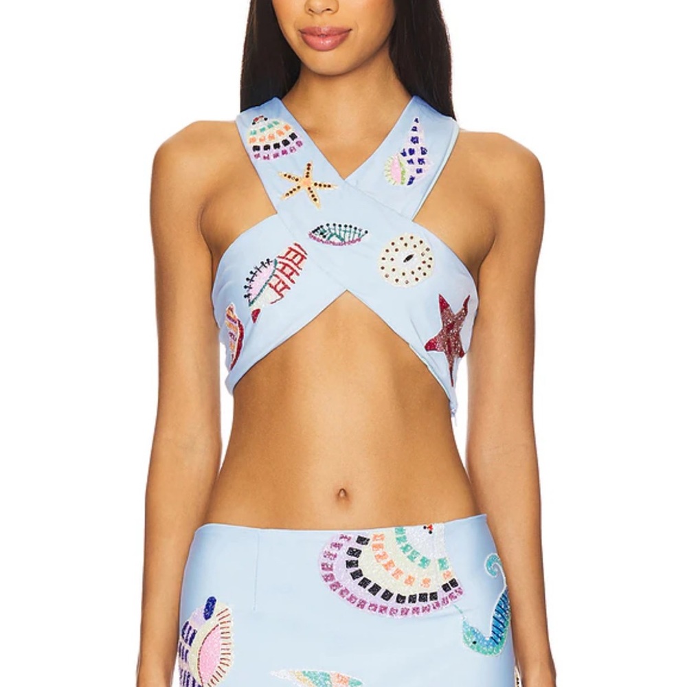 Oceanus KShell Hand Beaded Light Blue Seashell Print HalterTop and Skirt Set NWT - Picture 4 of 17